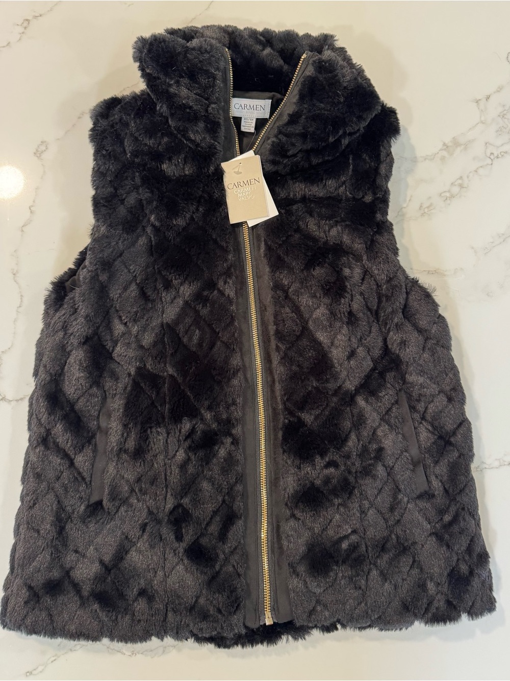 Carmen Black Faux Fur Quilted Vest with Zip